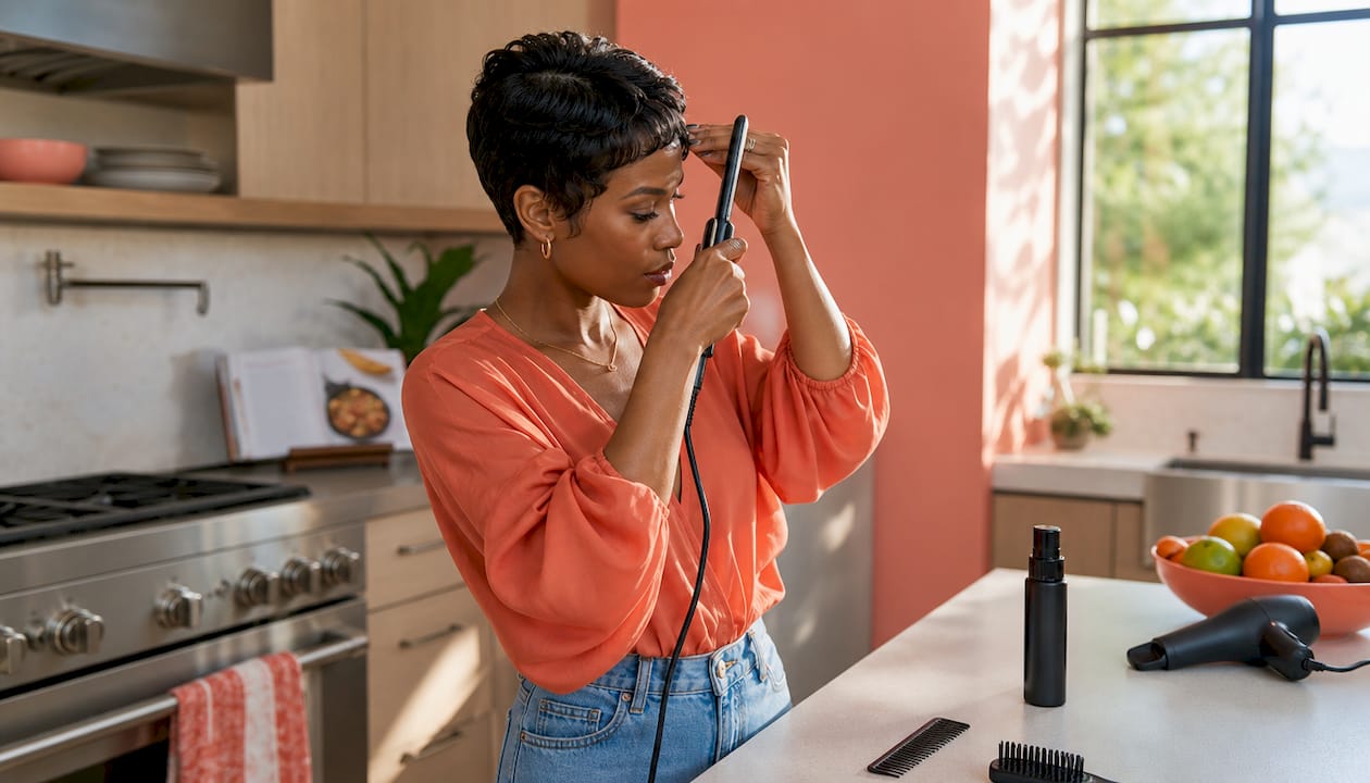 Woman styling short hair with flat iron