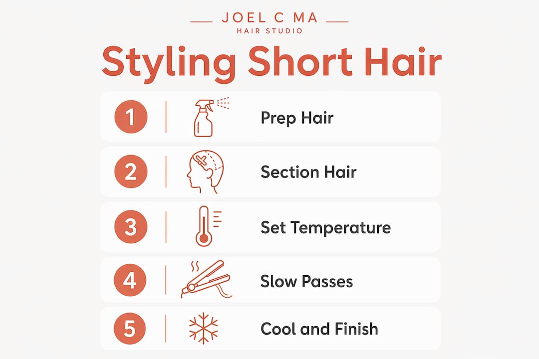 Infographic showing steps to style short hair with a styler
