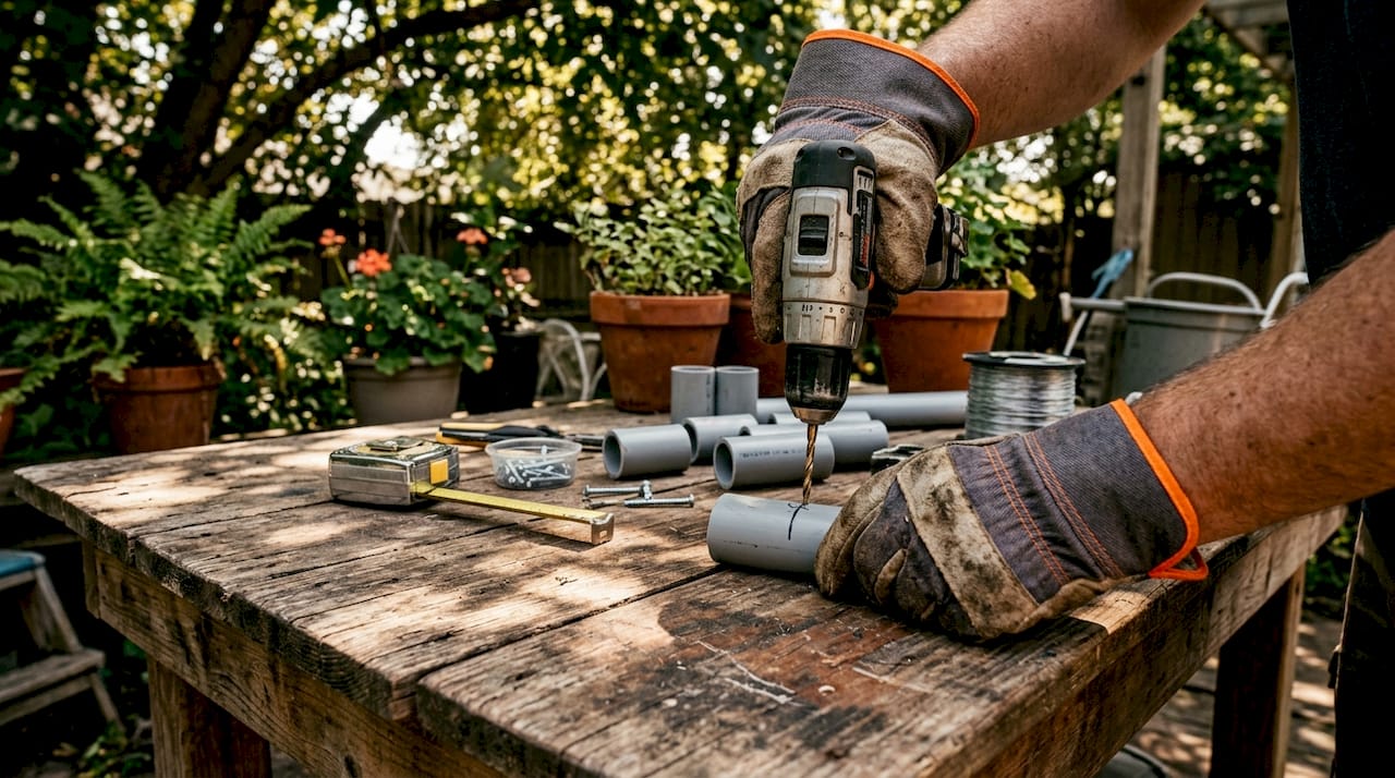 Hands crafting PVC pipe electric fence insulator