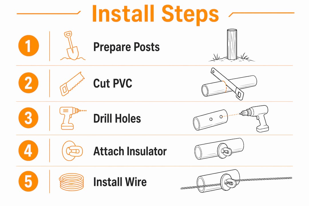 Infographic illustrating electric fence insulator installation steps