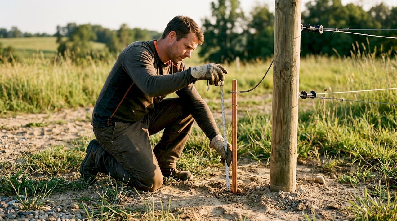 Hands measuring ground rod depth in soil