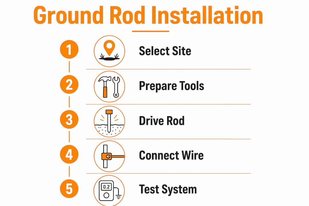 Infographic illustrating ground rod installation steps