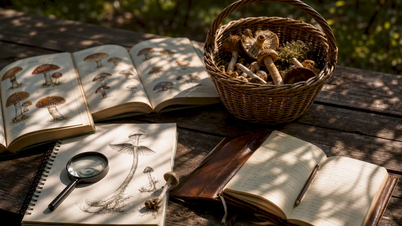 Close-up of mushroom study field tools and specimens