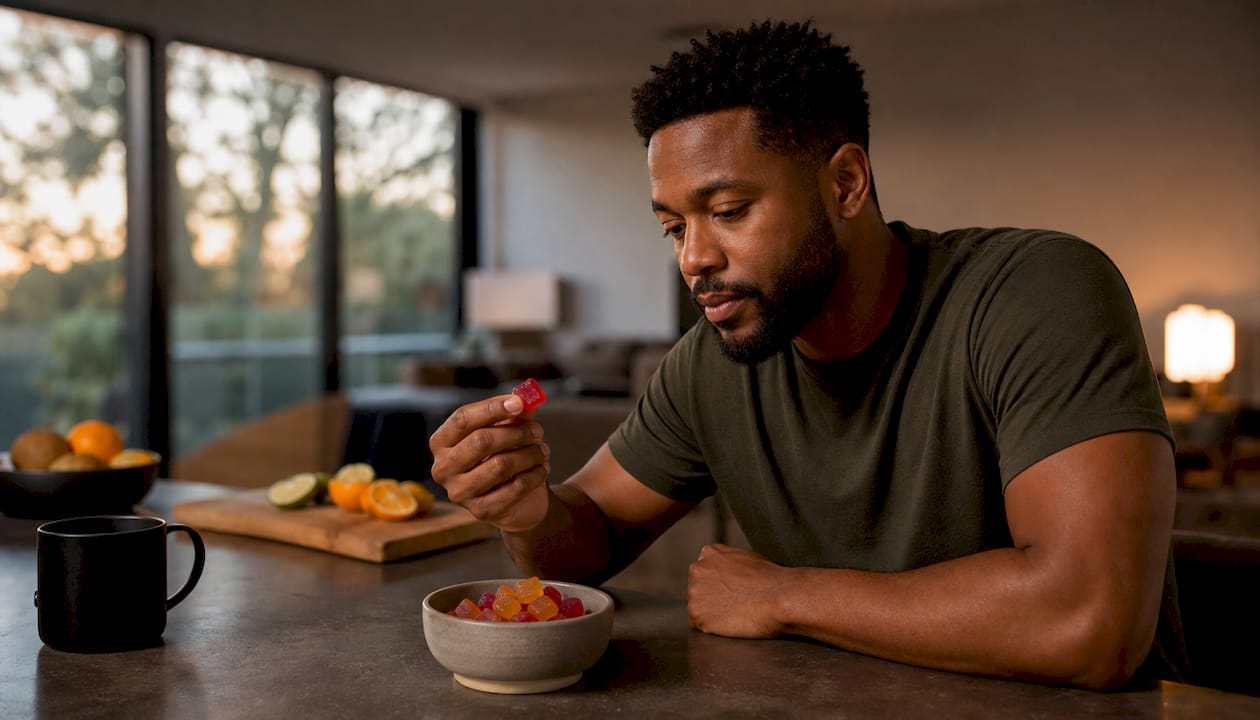 Hands picking cannabis gummy from dish on table