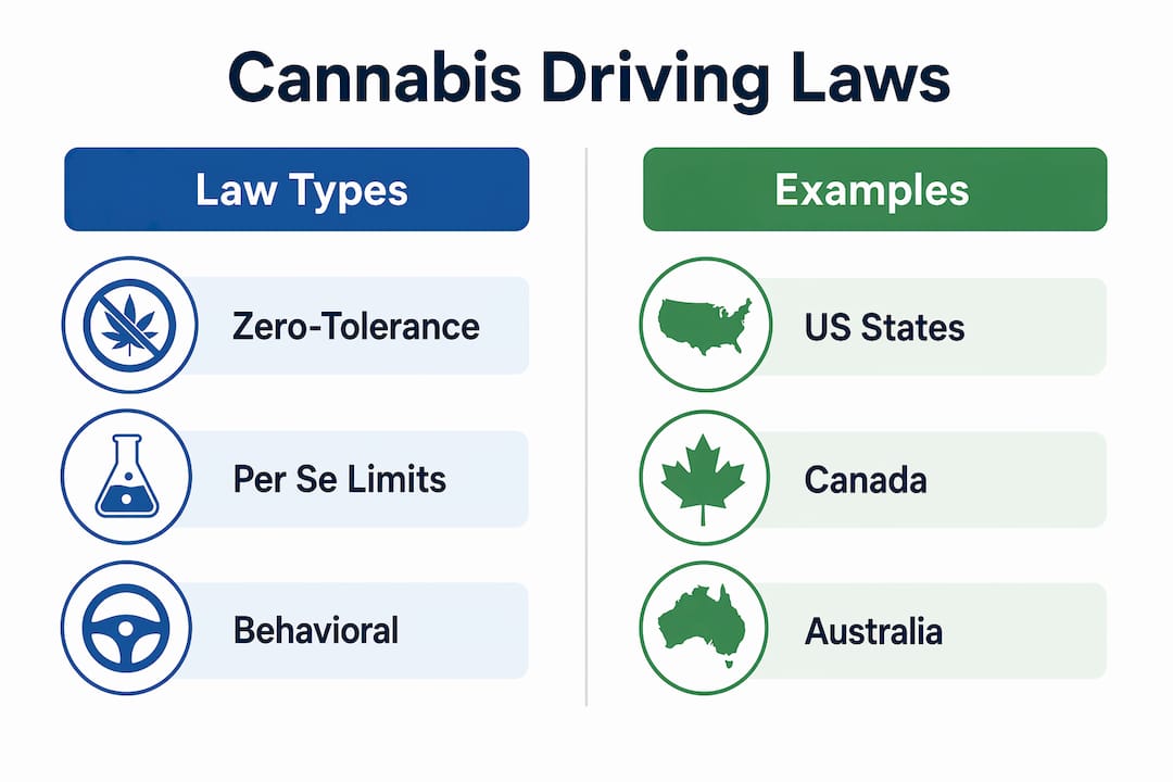 Infographic comparing cannabis driving law types and example jurisdictions