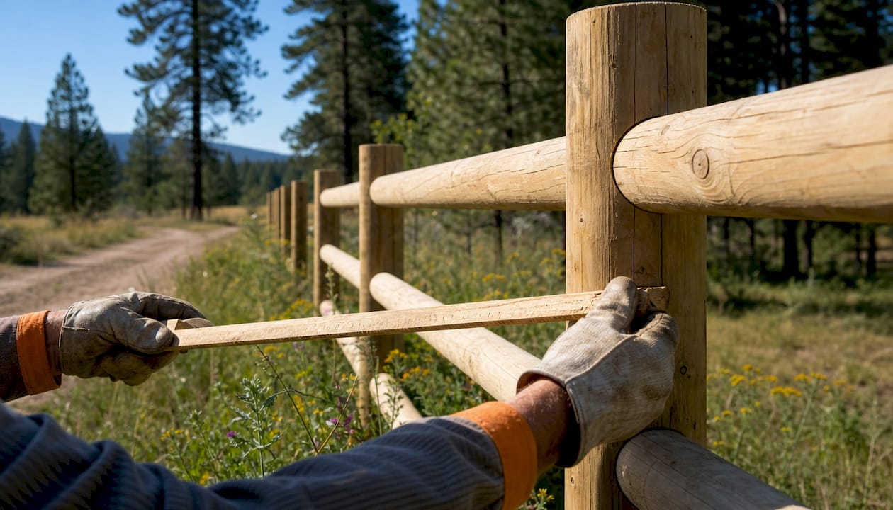 Hands with property map and new rural fence outdoors