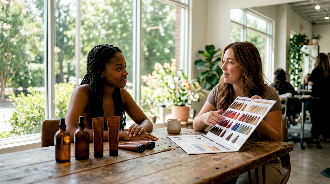Client and stylist discussing corrective hair color plan