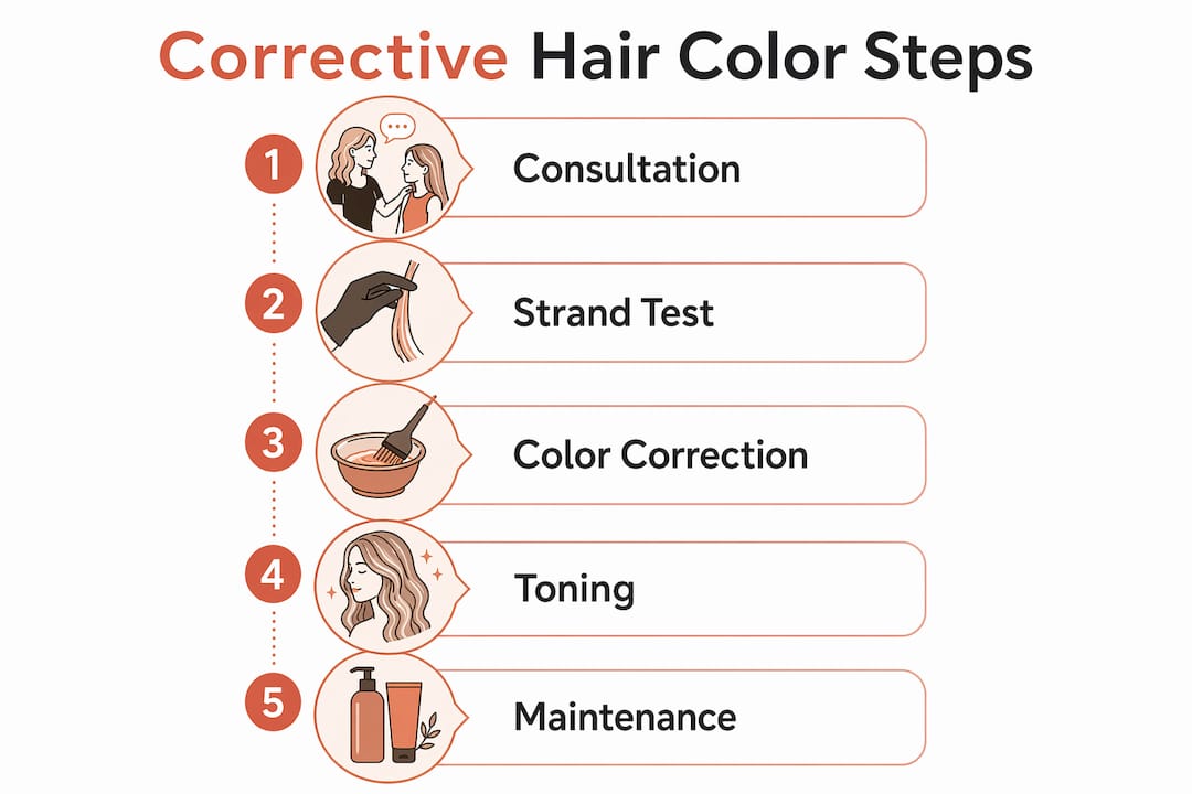 Infographic showing corrective hair color process steps