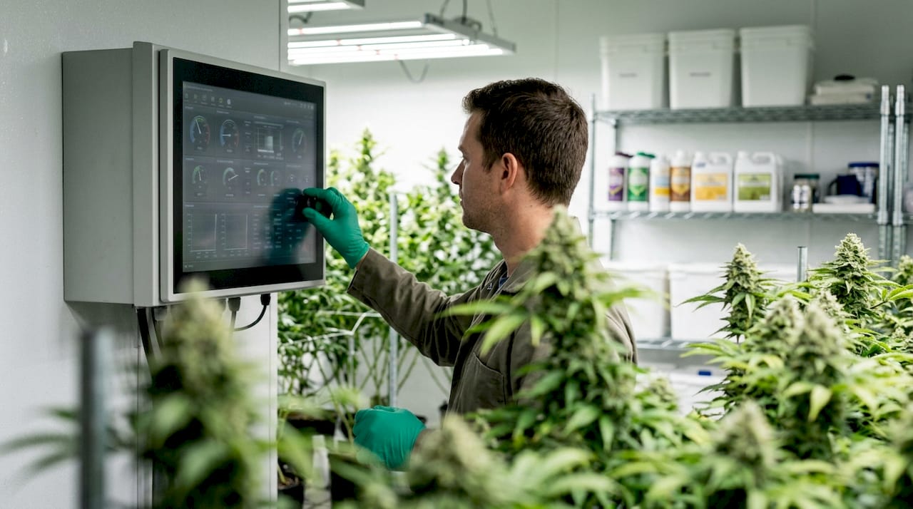 Technician adjusting cannabis grow room controls
