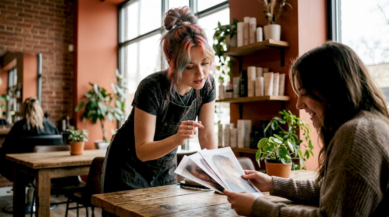 Creative hairdresser consulting client in modern salon