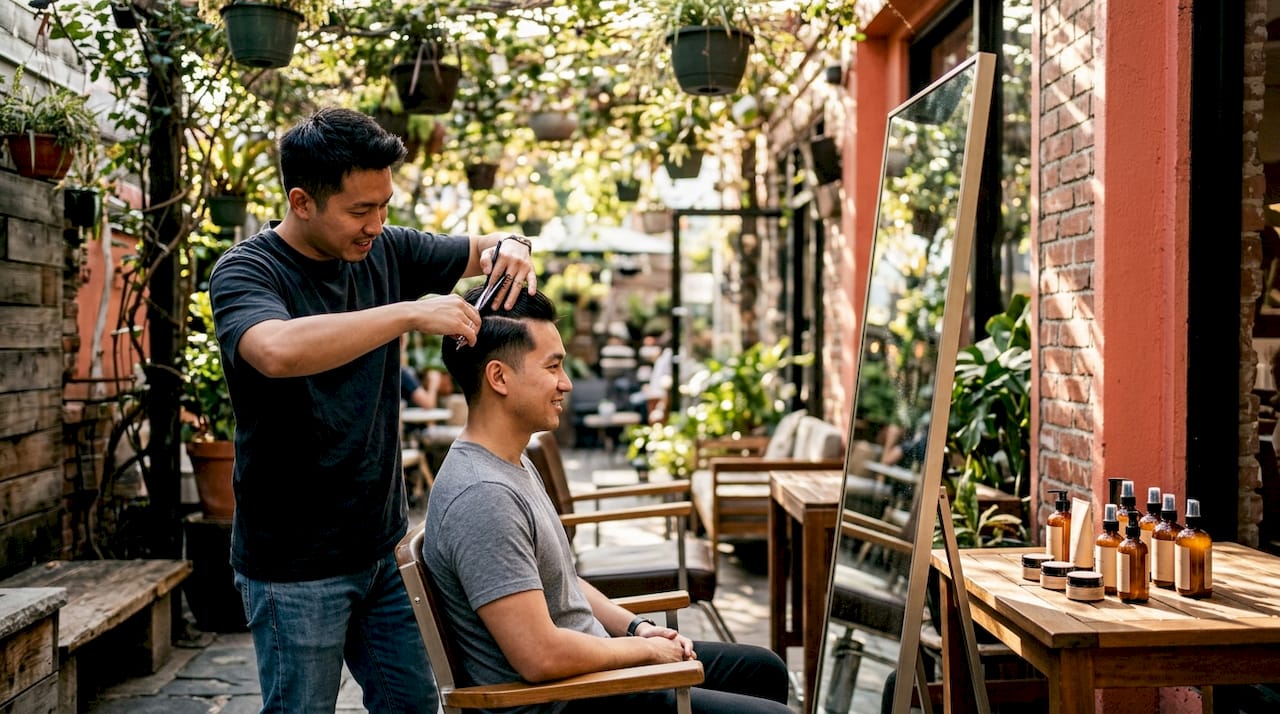 Hairdresser cutting edgy disconnected undercut hairstyle