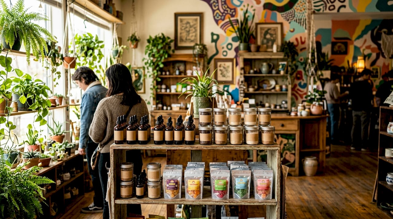 Close-up of adaptogen tinctures and powders on shop shelf