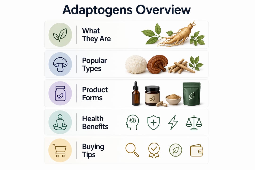 Infographic showing adaptogen categories and benefits overview