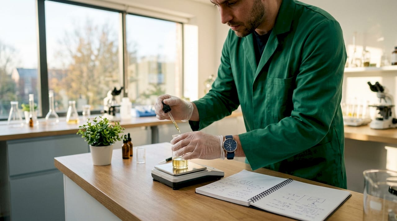 Scientist measuring CBD oil with dropper in lab