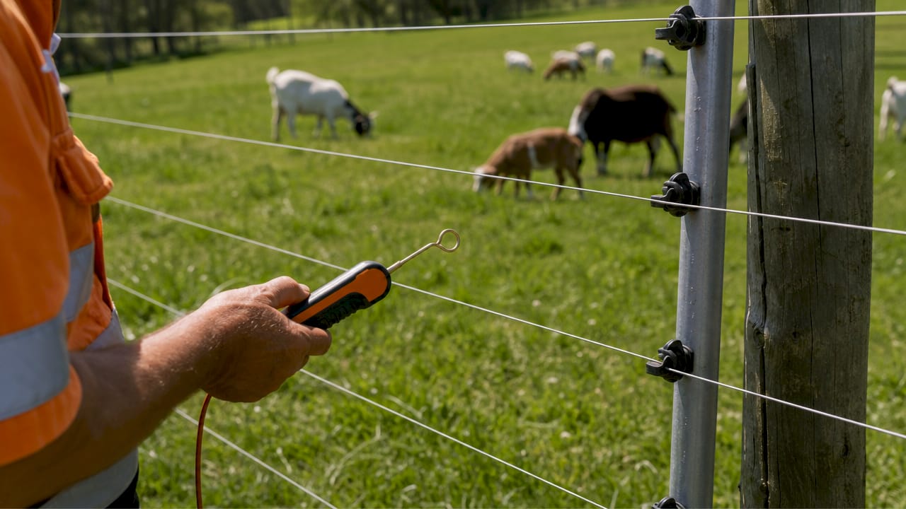 Close-up of electric fence with tester in hand
