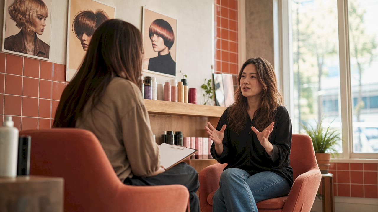 Stylist and client discussing hair checklist