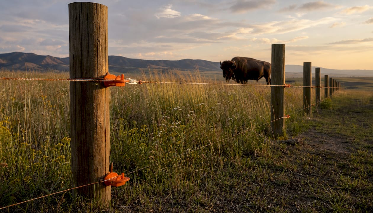 Close-up of electrified bison fence chest wire
