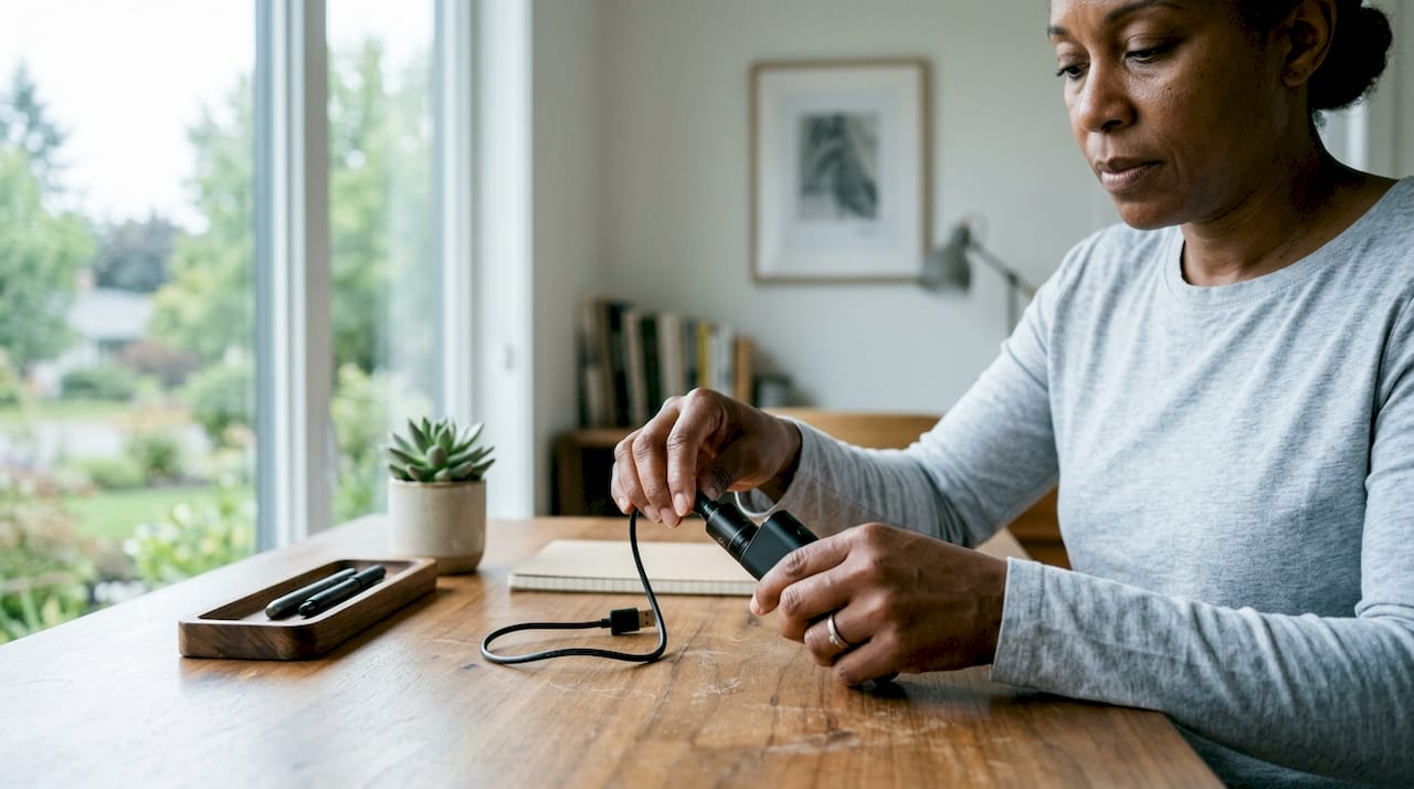 Hands charging vape battery on kitchen counter