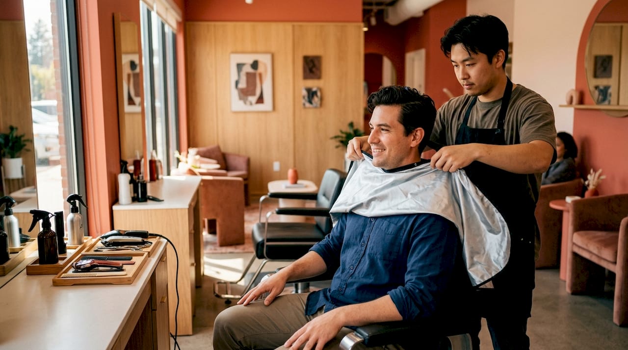 Man getting ready for a professional haircut in barbershop