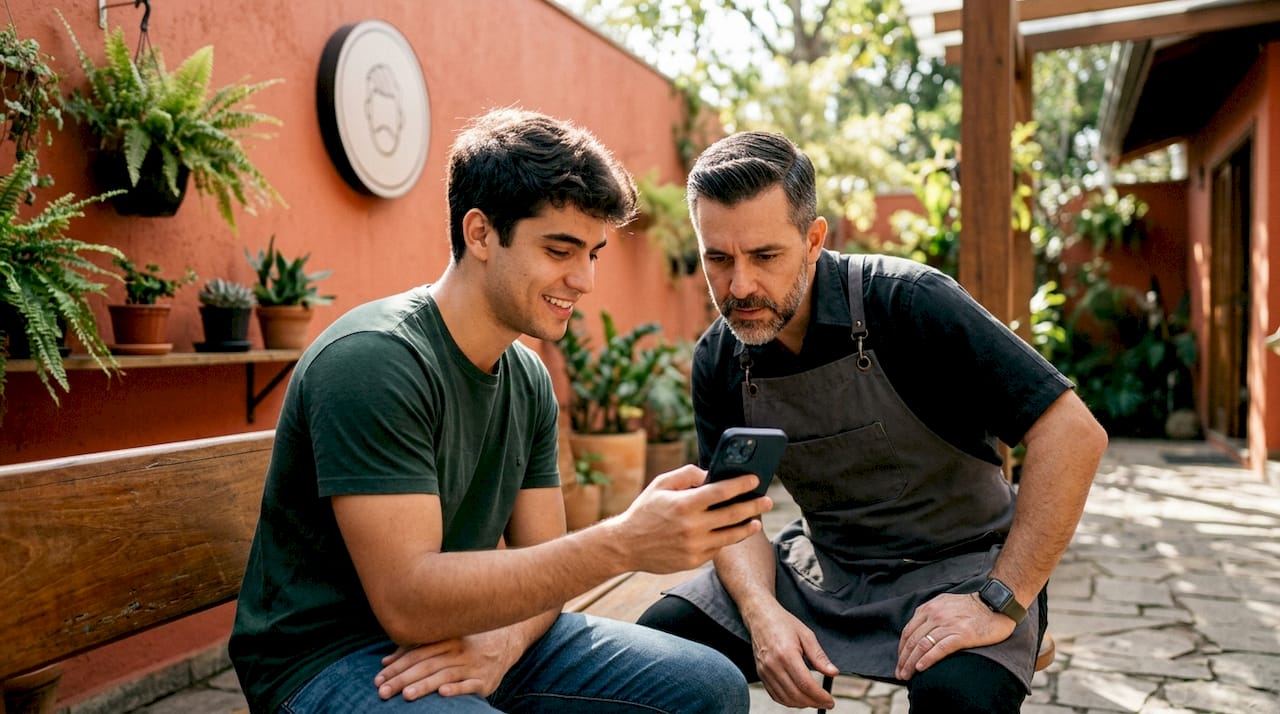 Client showing barber hairstyle photos on phone
