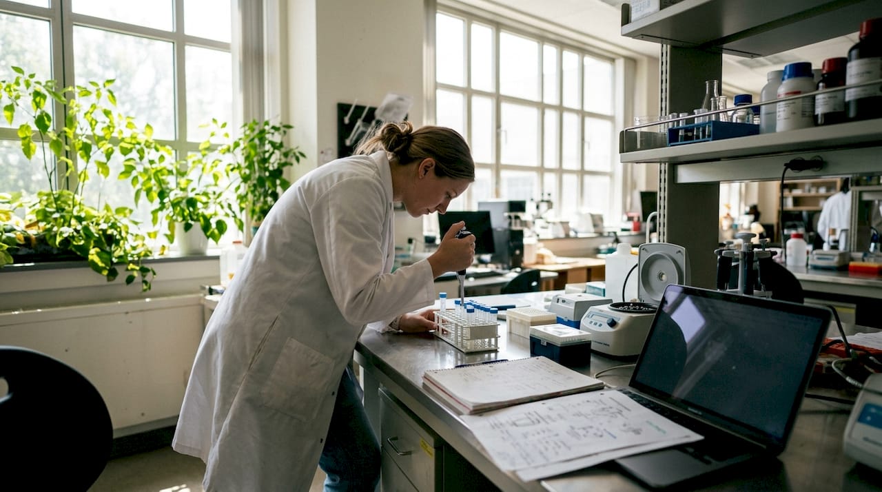 Hands pipetting in molecular biology lab for psilocybin