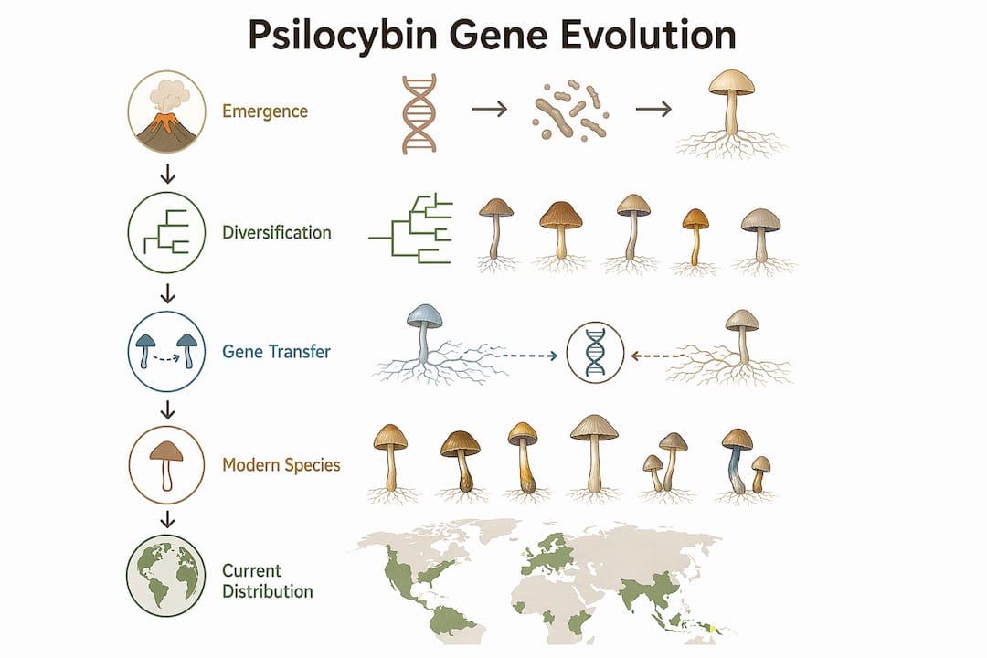 Graphic infographic illustrating psilocybin gene evolutionary timeline