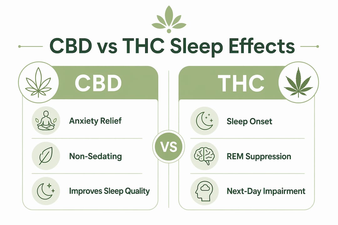 Infographic comparing CBD and THC effects on sleep