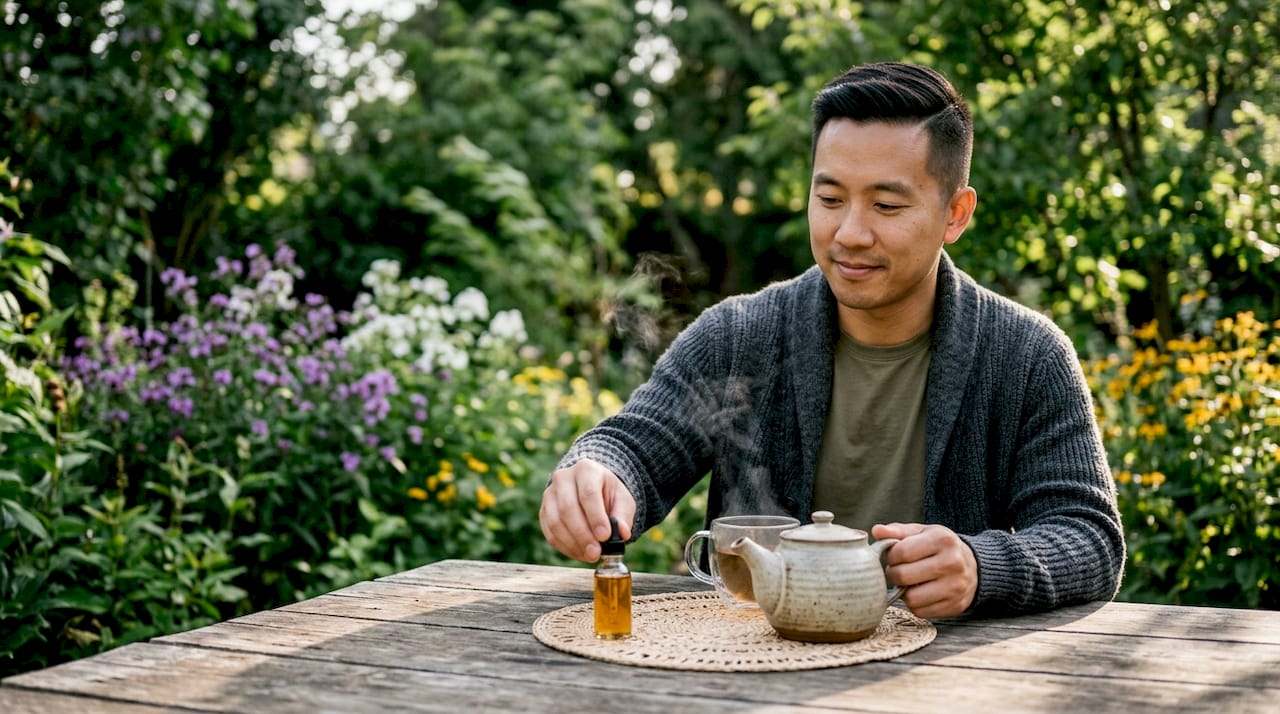 Man preparing tea with CBD oil at kitchen table
