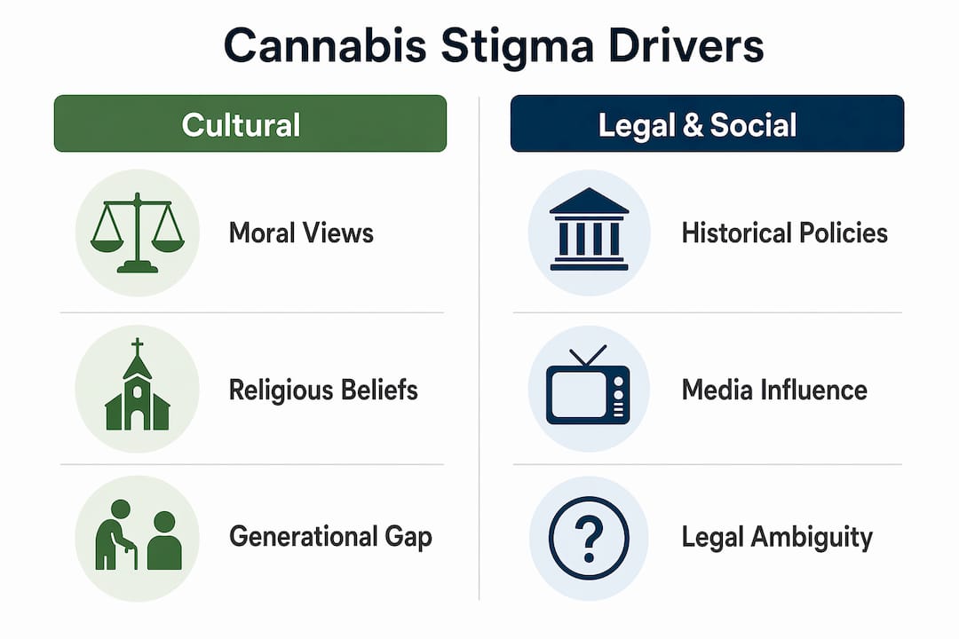Infographic comparing cultural and legal drivers of cannabis stigma