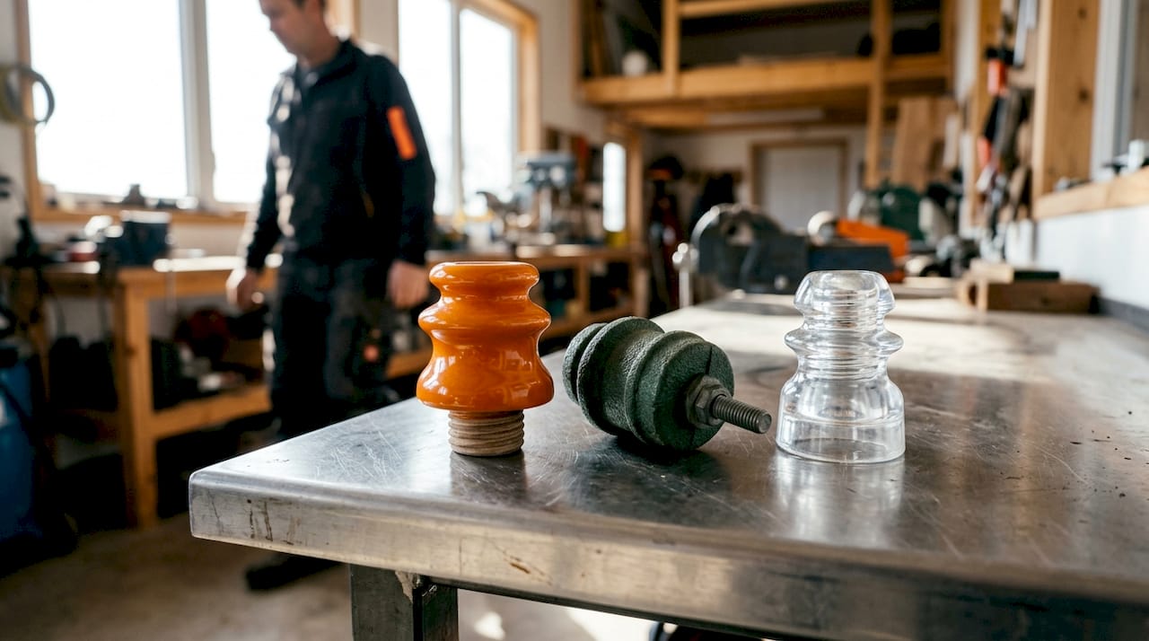 Close-up of three types of fence insulators on wood