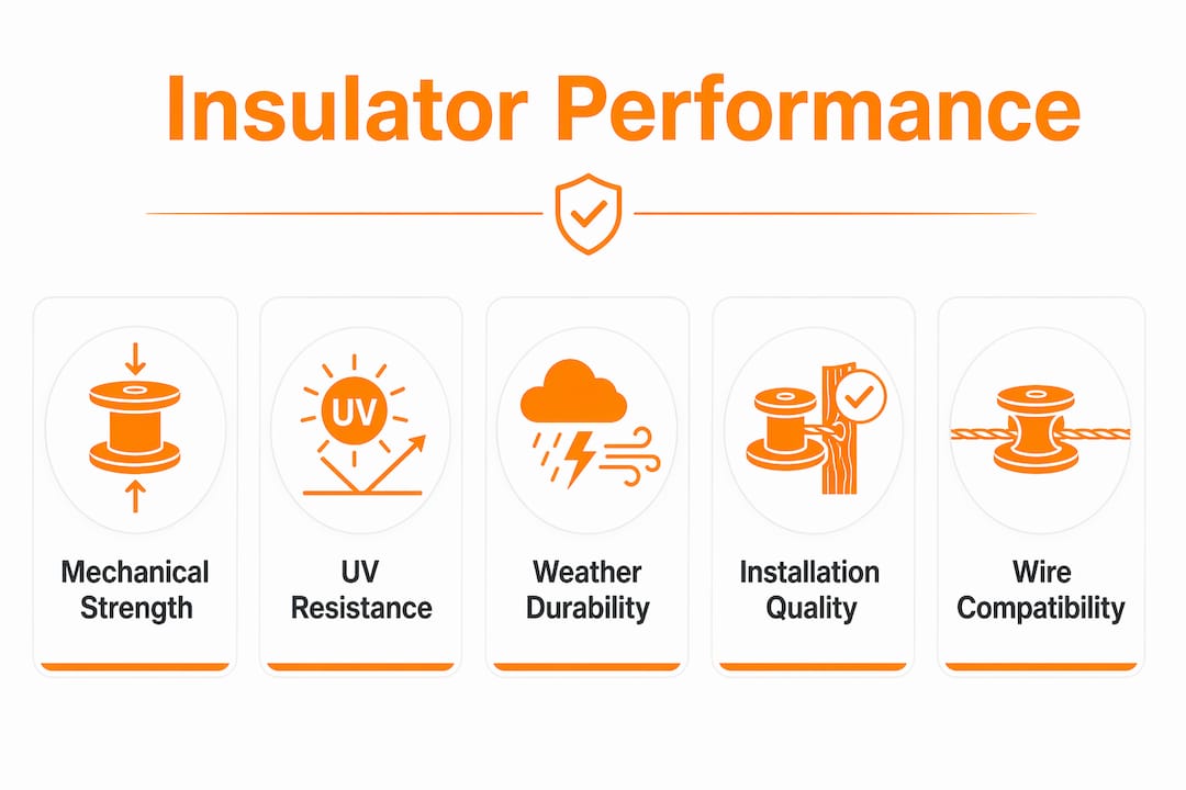 Infographic illustrating electric fence insulator performance features
