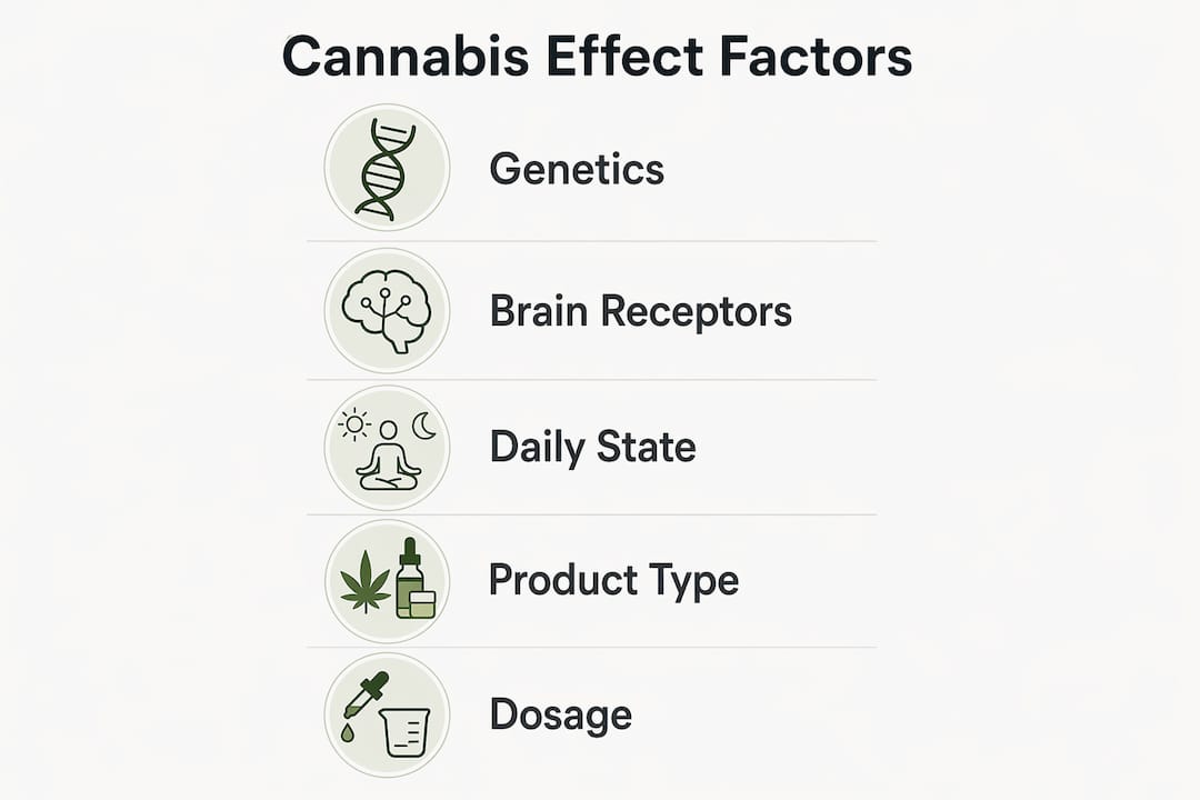 Infographic illustrating five key factors influencing cannabis effects