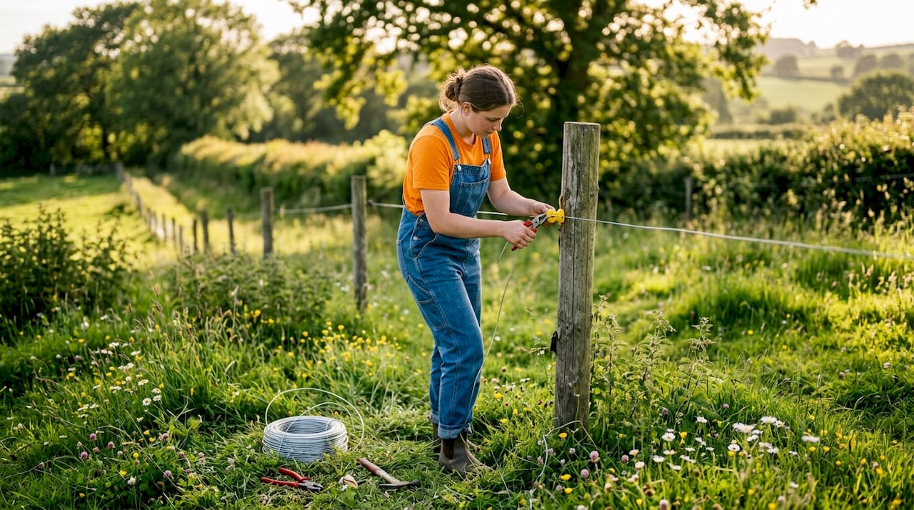 Close-up of hands installing electric fence insulator