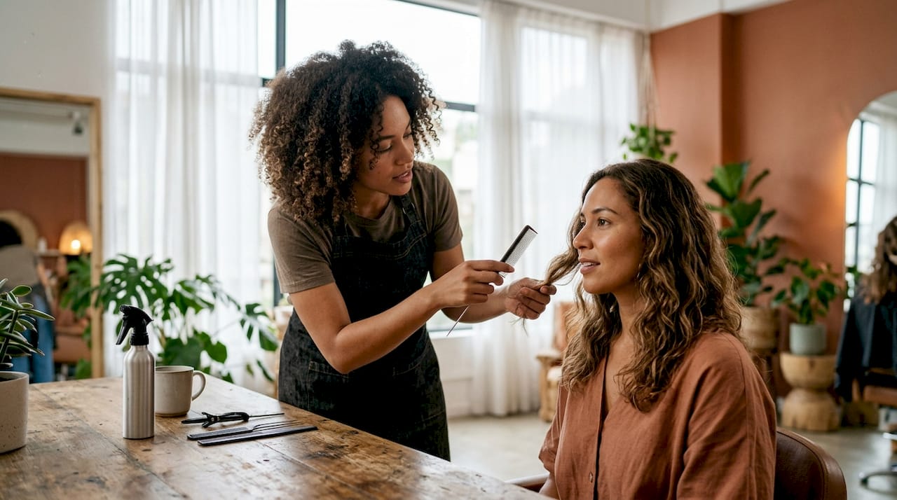 Hairstylist consulting client on hair texture