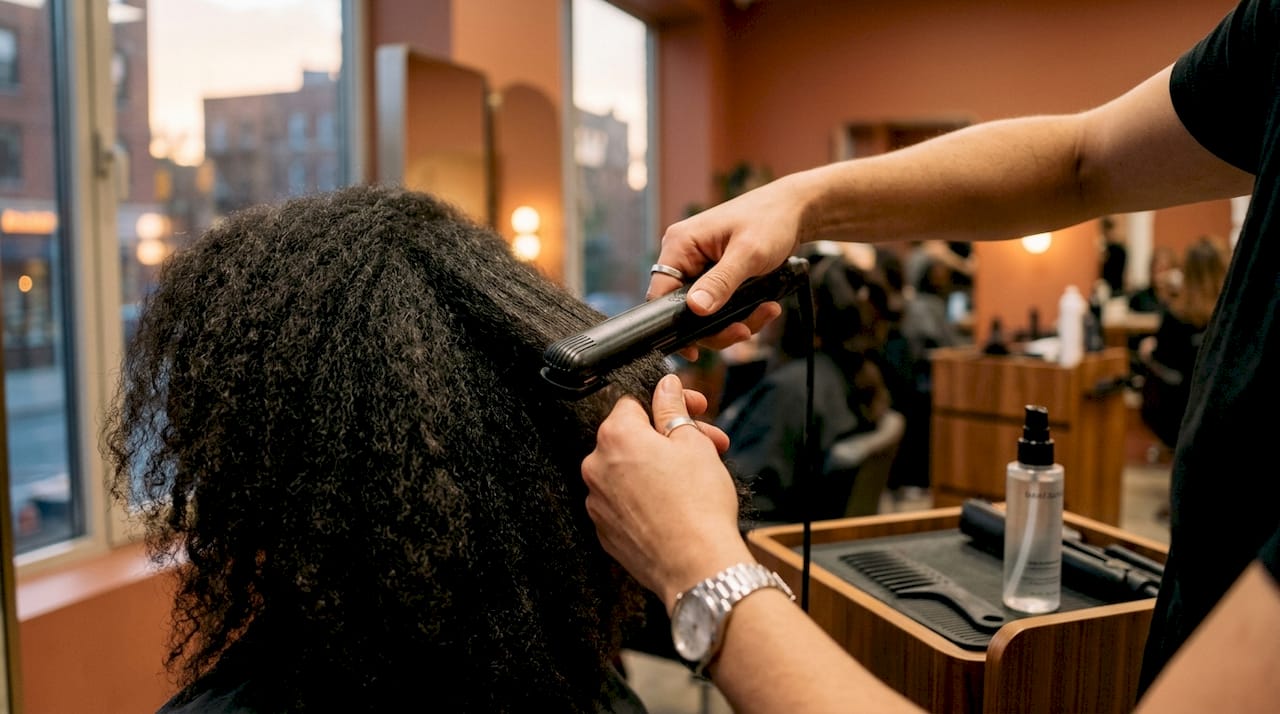 Stylist’s hands heat styling thick hair close-up