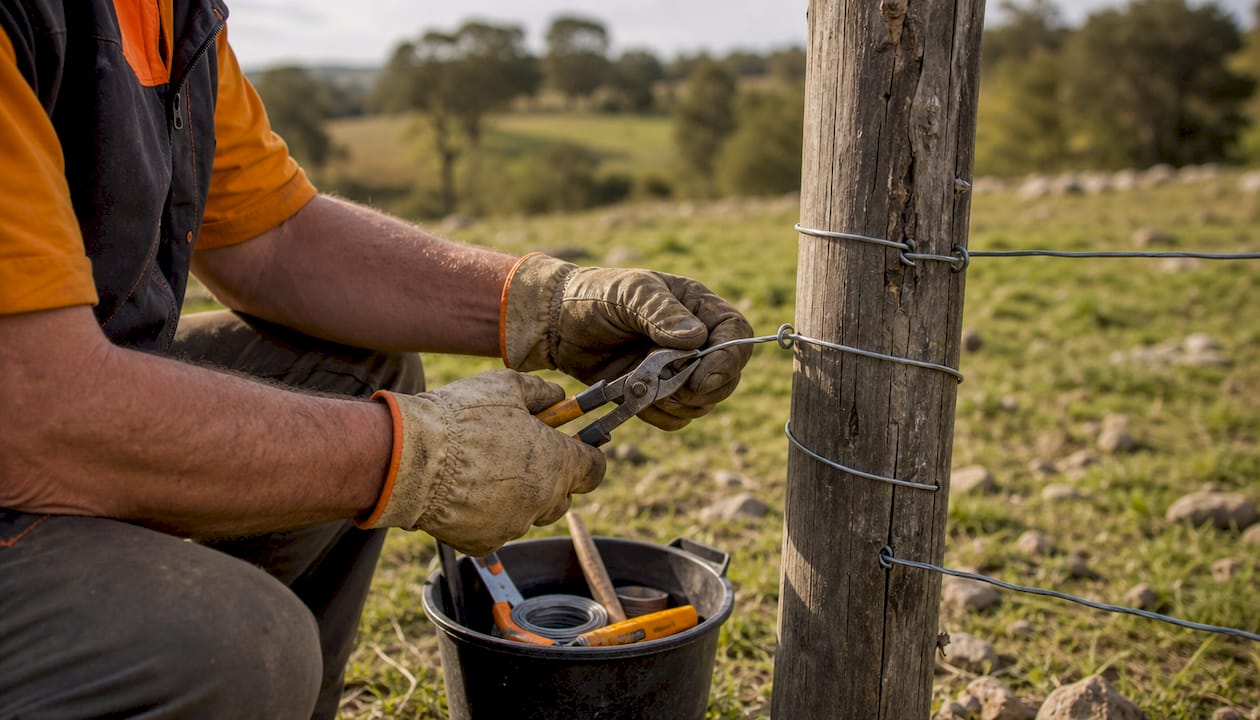 Hands tightening wire on metal field fence