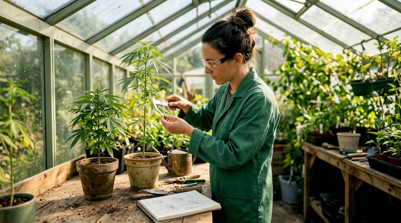 Botanist measuring cannabis plant leaf morphology