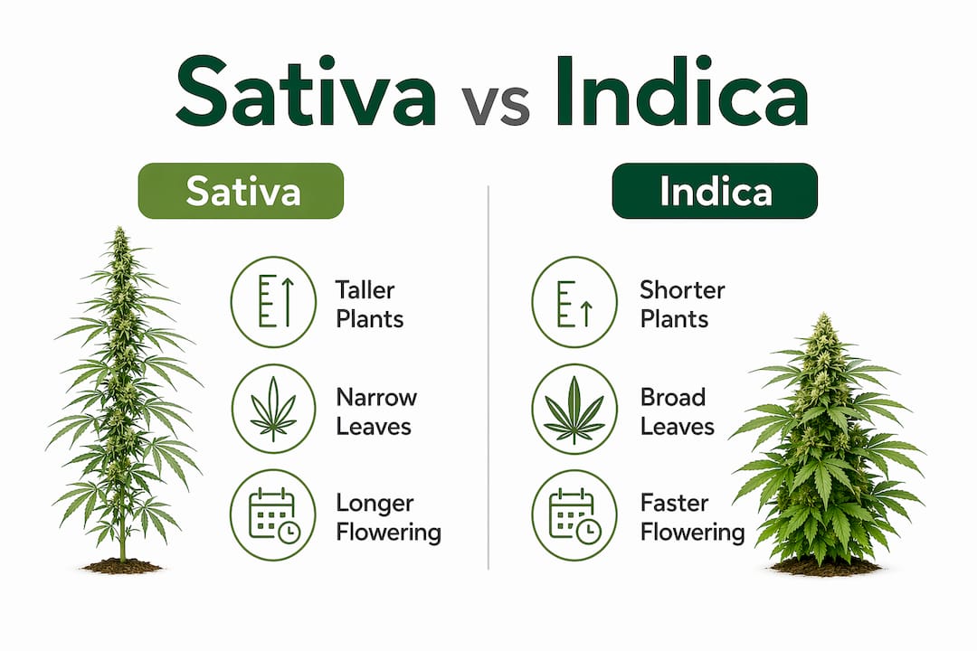 Infographic comparing physical traits of sativa and indica cannabis plants