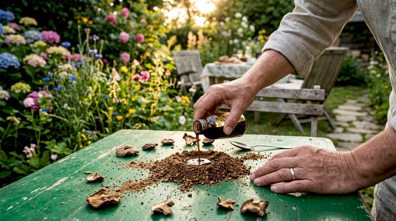 Hands mixing mushroom powder and extract in bowl