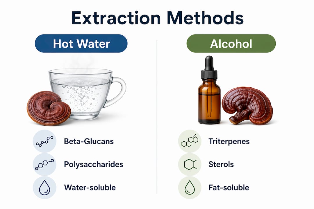 Infographic comparing hot water and alcohol extraction methods for mushroom bioavailability