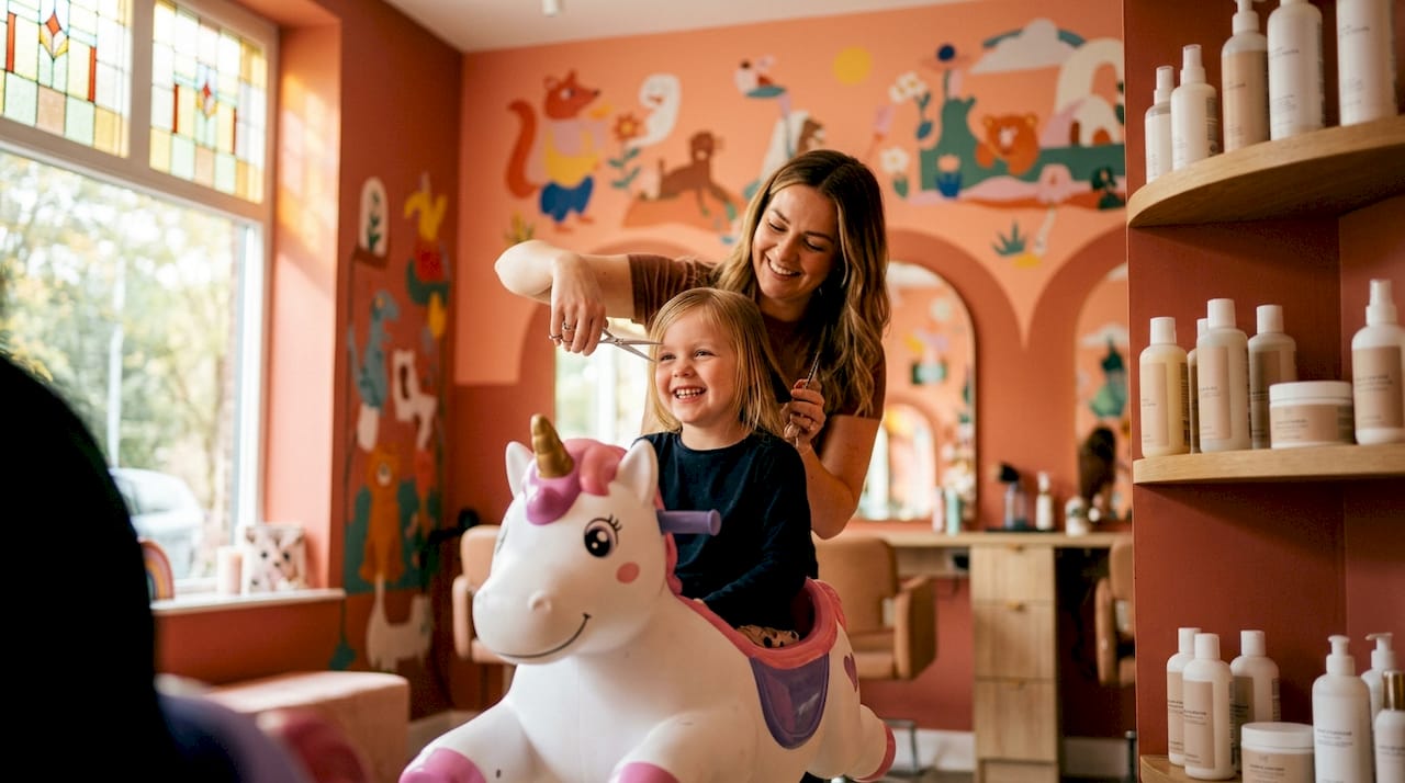 Young girl enjoying luxury haircut at colorful salon