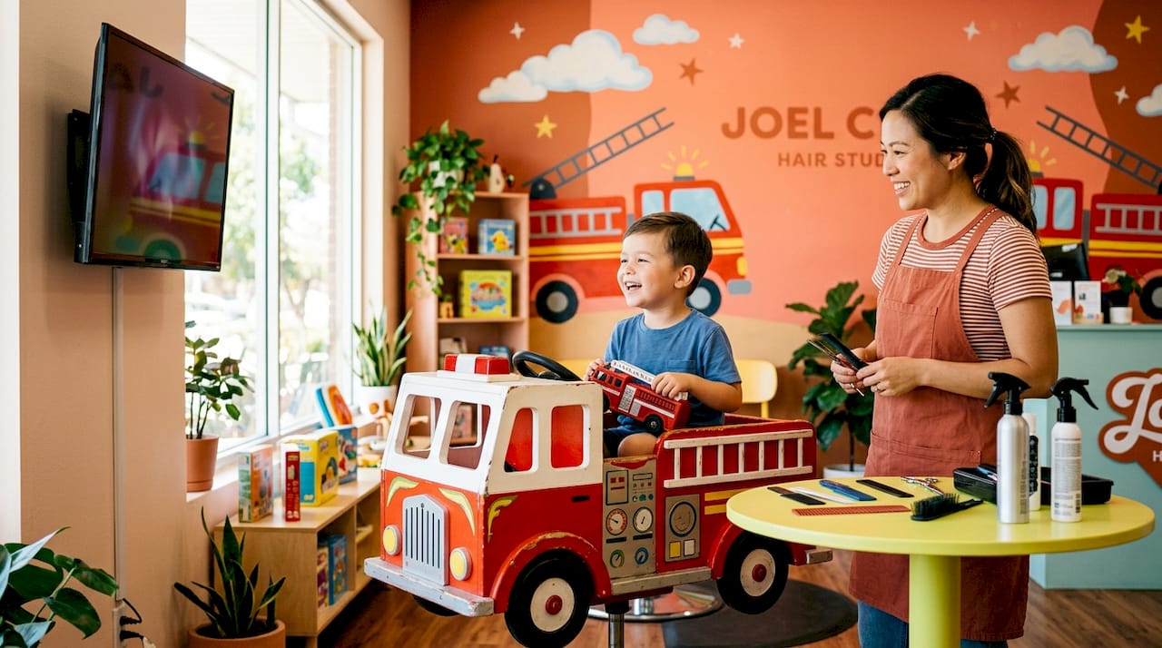 Boy distracted by TV during luxury haircut