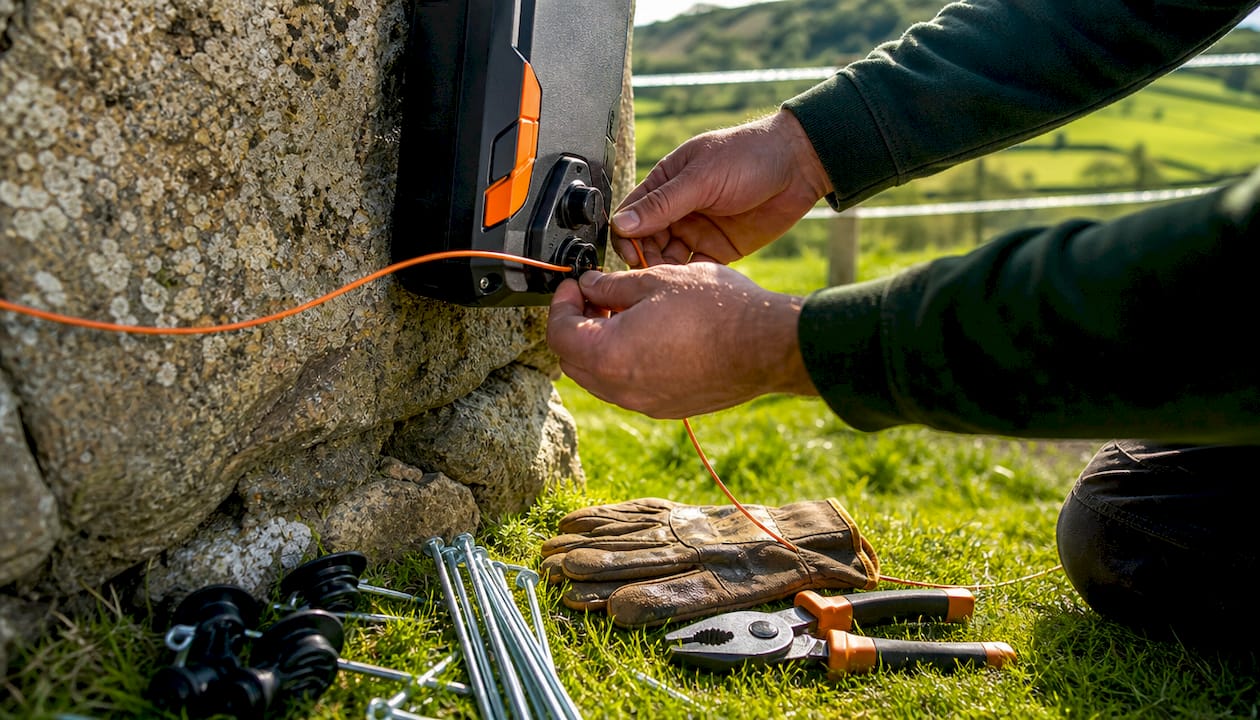 Hands wiring energizer to electric fence post