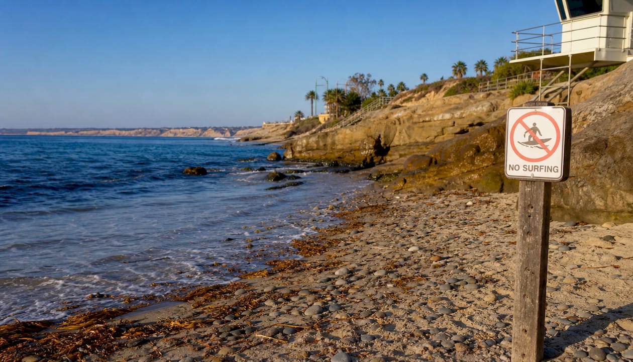 La Jolla Cove no surfing sign on rocky beach