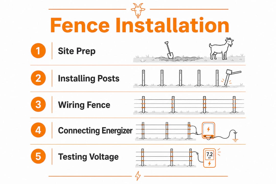Infographic illustrating electric fence setup steps