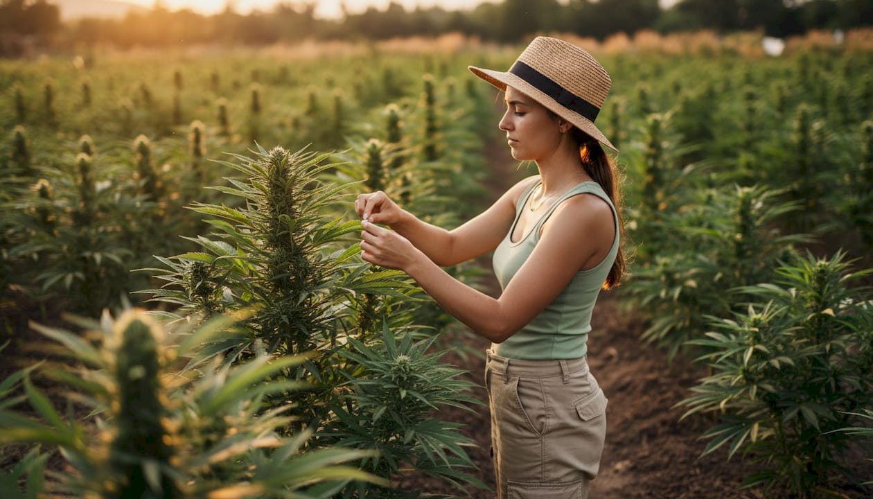 Hands performing cannabis hybrid breeding in greenhouse