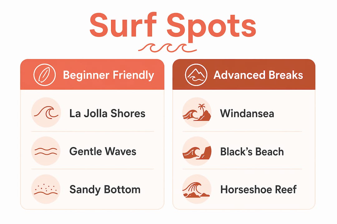 Infographic comparing beginner and advanced La Jolla surf spots