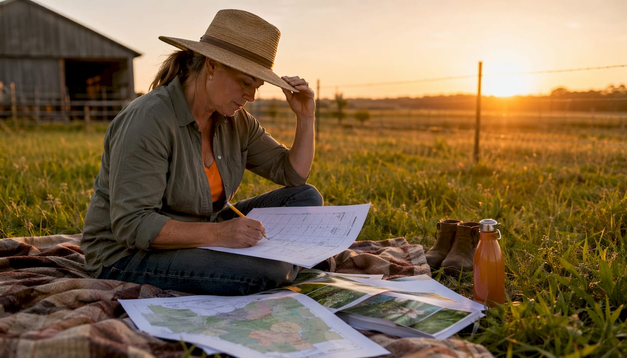 Farmer planning rotational grazing schedule outdoors