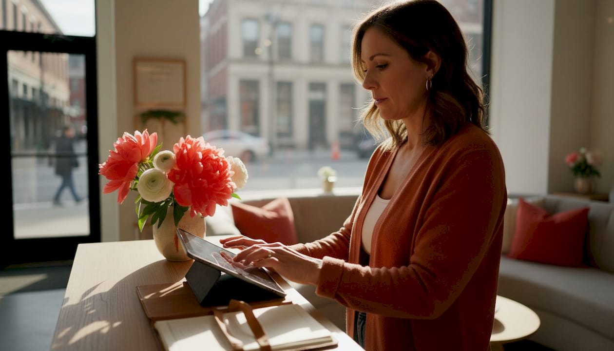 Salon owner managing bookings on tablet