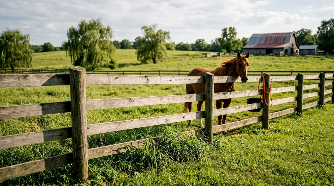 Close-up horse fence rail height with horse